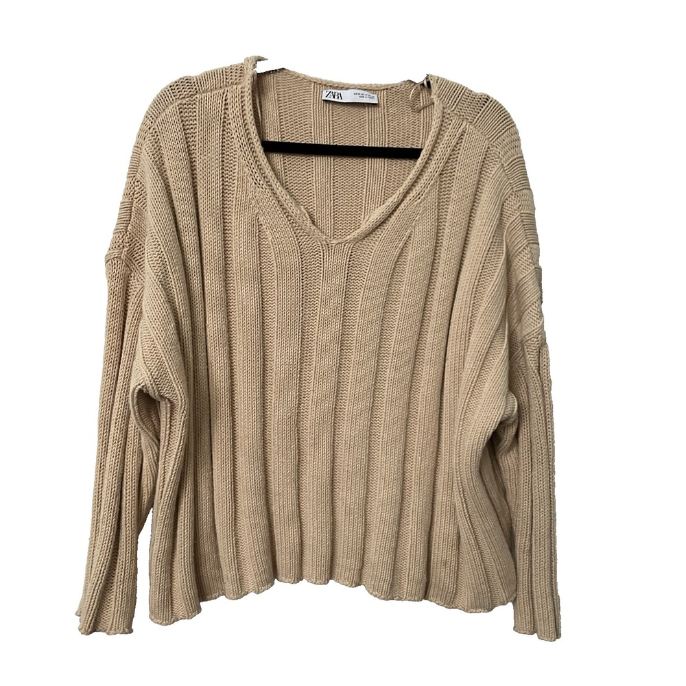 Zara Womens Medium Beige Cotton Ribbed V-Neck Chunky Knit Sweater Tan Relaxed